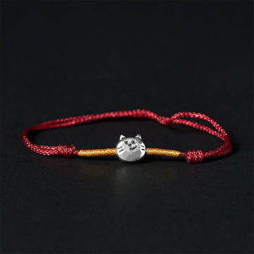 Braided Red String Bracelet with 925 Sterling Silver Cat Charm