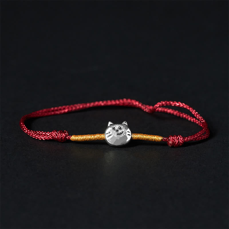 Braided Red String Bracelet with 925 Sterling Silver Cat Charm