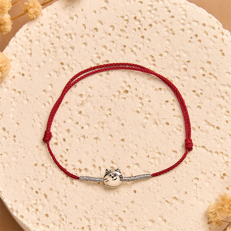 Braided Red String Bracelet with 925 Sterling Silver Cat Charm