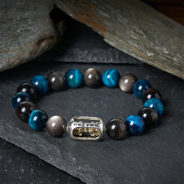 Silver Sheen Obsidian & Blue Tiger Eye Om Mani Padme Hum Beaded Bracelet