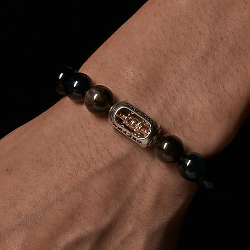 Silver Sheen Obsidian & Blue Tiger Eye Om Mani Padme Hum Beaded Bracelet