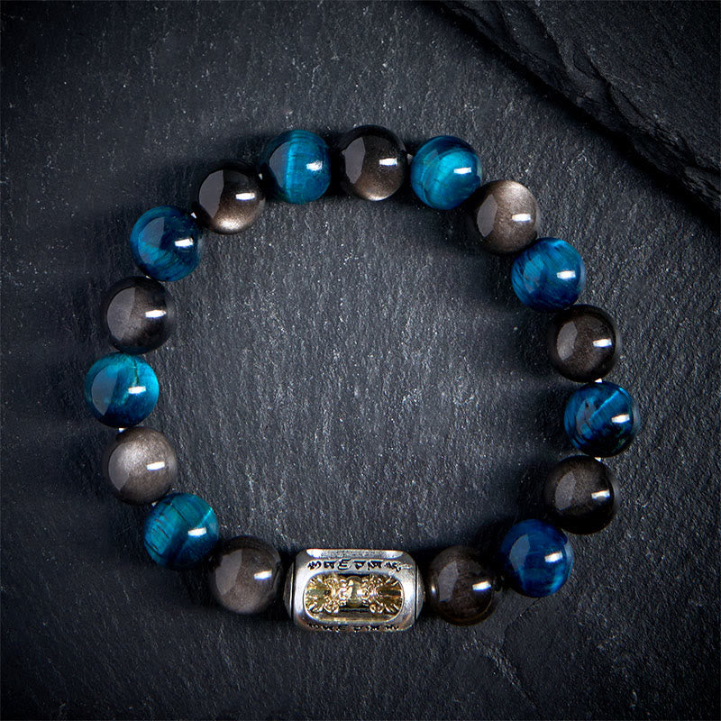 Silver Sheen Obsidian & Blue Tiger Eye Om Mani Padme Hum Beaded Bracelet