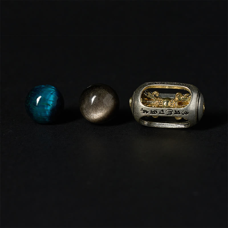 Silver Sheen Obsidian & Blue Tiger Eye Om Mani Padme Hum Beaded Bracelet