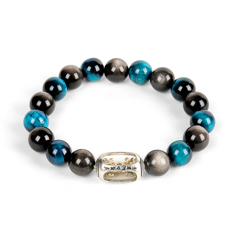 Silver Sheen Obsidian & Blue Tiger Eye Om Mani Padme Hum Beaded Bracelet