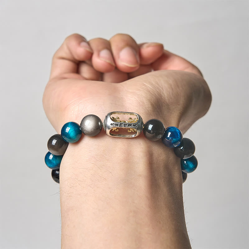 Silver Sheen Obsidian & Blue Tiger Eye Om Mani Padme Hum Beaded Bracelet