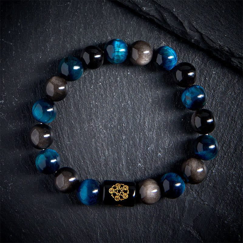 Harmonizing Blue Tiger Eye, Silver Sheen Obsidian & Black Onyx Five Elements Bracelet
