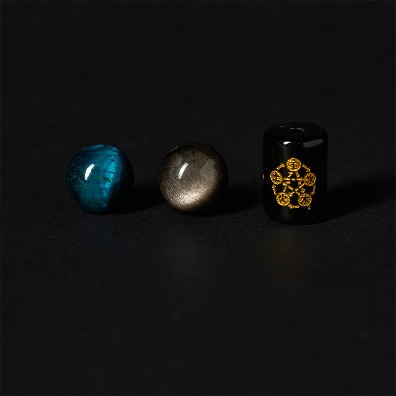 Harmonizing Blue Tiger Eye, Silver Sheen Obsidian & Black Onyx Five Elements Bracelet