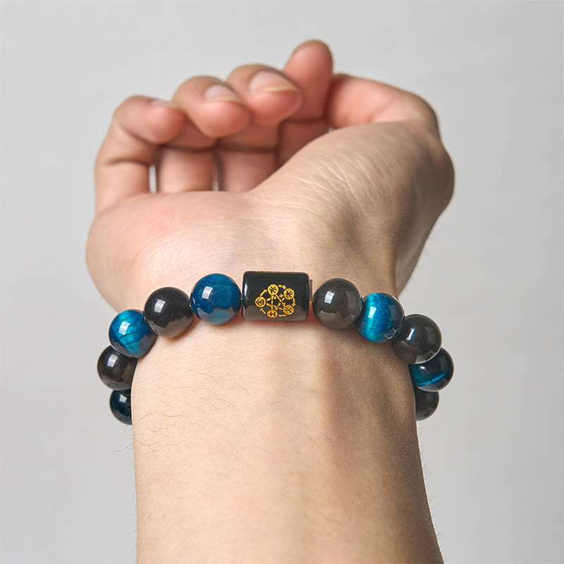 Harmonizing Blue Tiger Eye, Silver Sheen Obsidian & Black Onyx Five Elements Bracelet