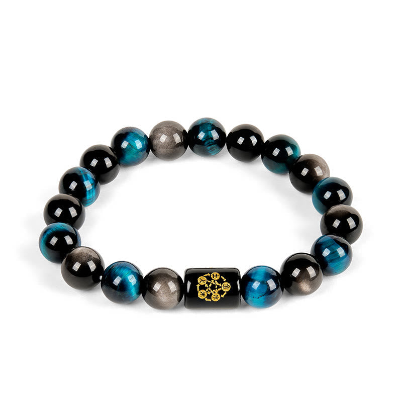 Harmonizing Blue Tiger Eye, Silver Sheen Obsidian & Black Onyx Five Elements Bracelet