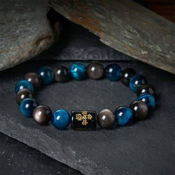 Harmonizing Blue Tiger Eye, Silver Sheen Obsidian & Black Onyx Five Elements Bracelet