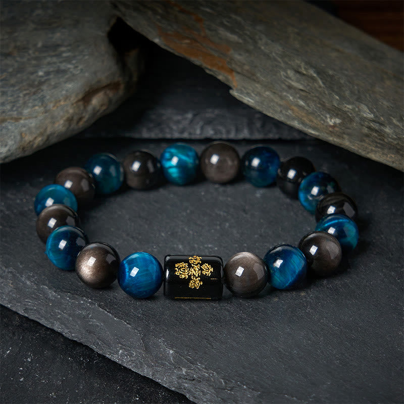 Harmonizing Blue Tiger Eye, Silver Sheen Obsidian & Black Onyx Five Elements Bracelet