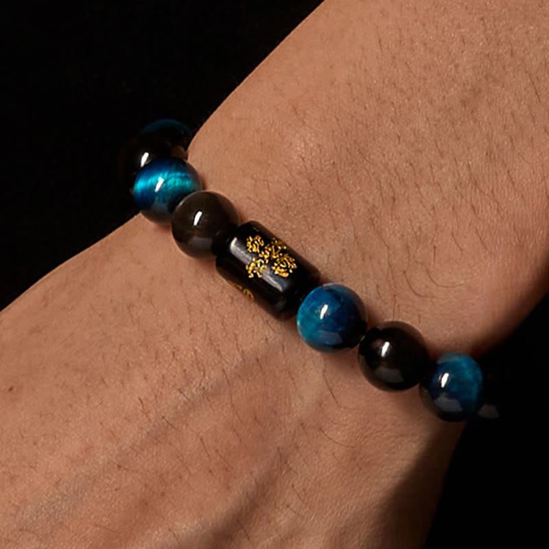 Harmonizing Blue Tiger Eye, Silver Sheen Obsidian & Black Onyx Five Elements Bracelet