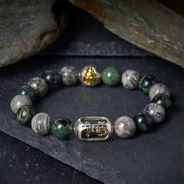 Natural Grey & Kambaba Jasper Om Mani Padme Hum Buddha Bracelet