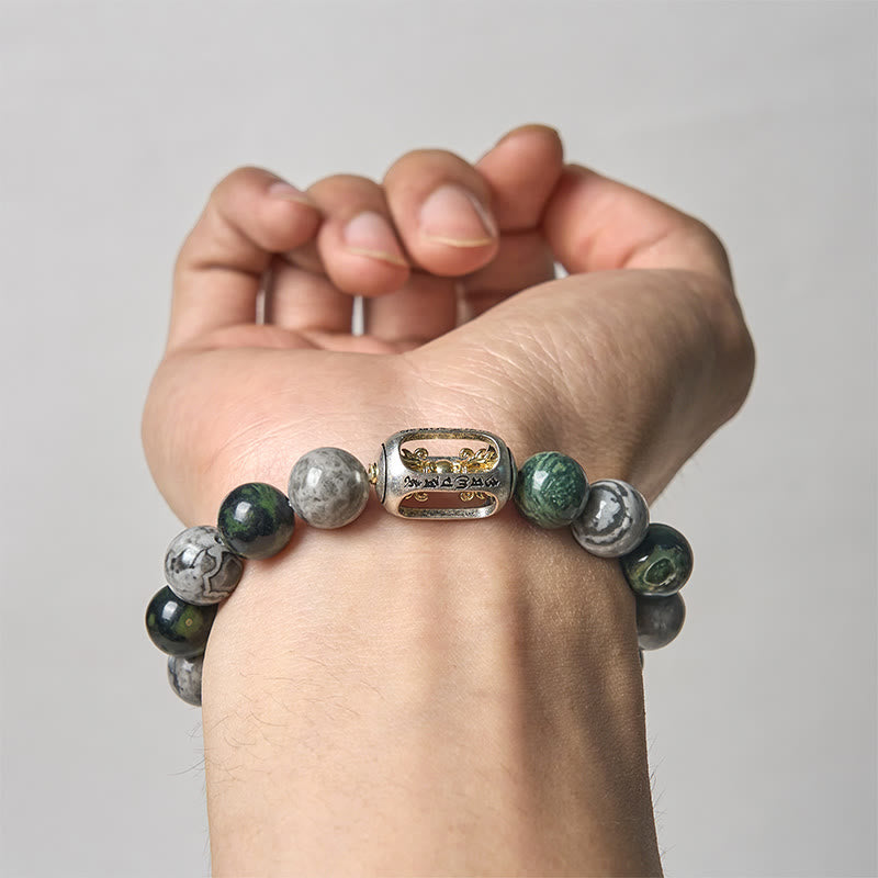 Natural Grey & Kambaba Jasper Om Mani Padme Hum Buddha Bracelet