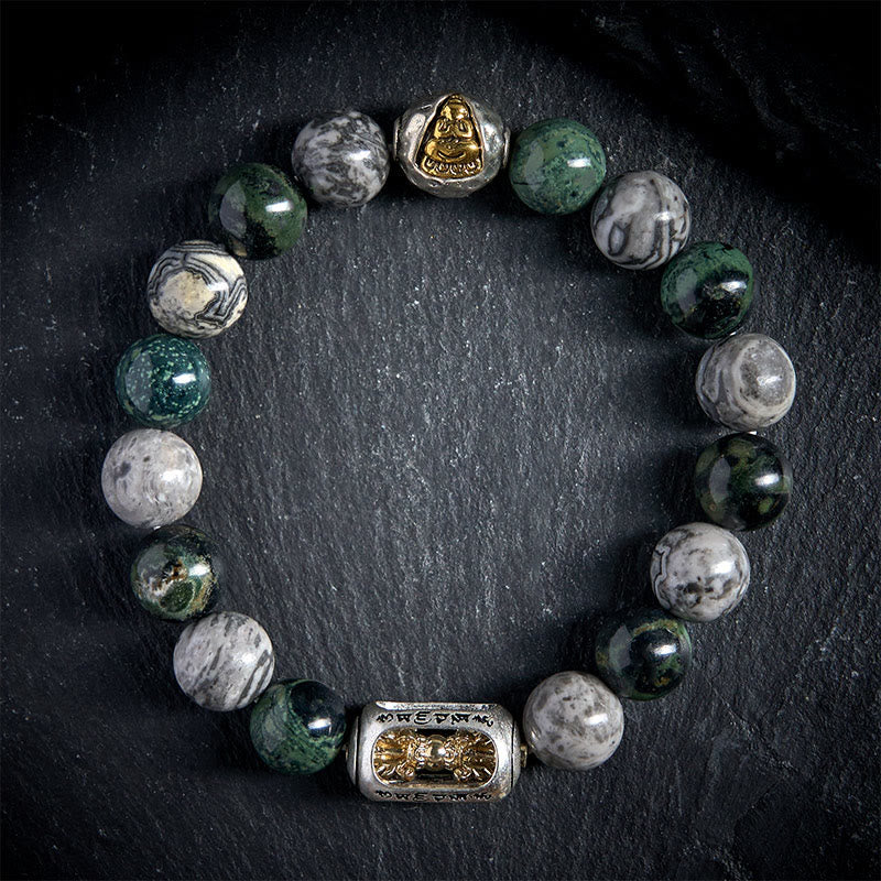 Natural Grey & Kambaba Jasper Om Mani Padme Hum Buddha Bracelet