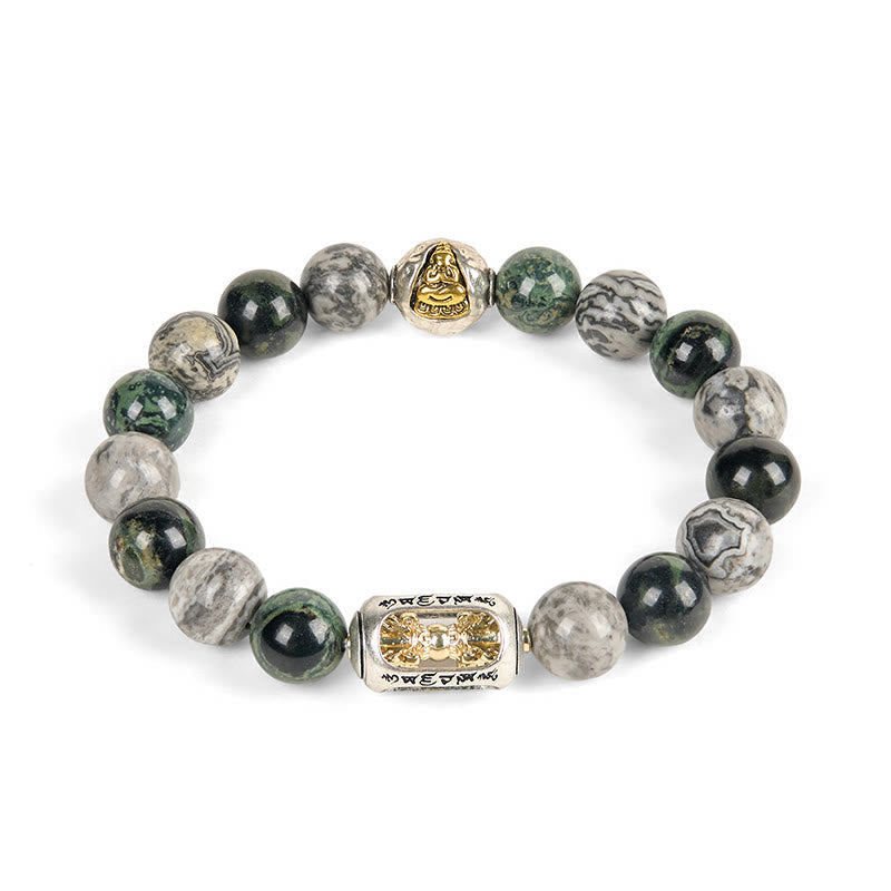 Natural Grey & Kambaba Jasper Om Mani Padme Hum Buddha Bracelet