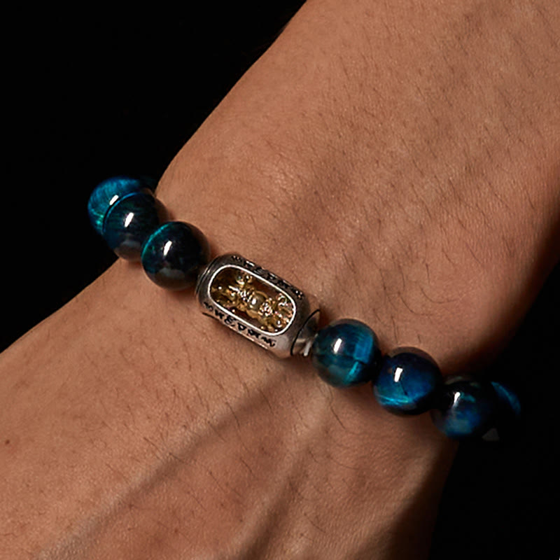 Natural Blue Tiger Eye Om Mani Padme Hum Copper Mantra Bead Bracelet