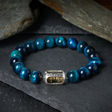 Natural Blue Tiger Eye Om Mani Padme Hum Copper Mantra Bead Bracelet