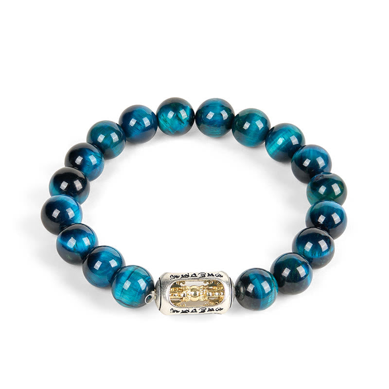 Natural Blue Tiger Eye Om Mani Padme Hum Copper Mantra Bead Bracelet