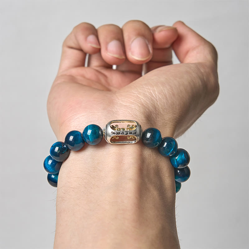 Natural Blue Tiger Eye Om Mani Padme Hum Copper Mantra Bead Bracelet