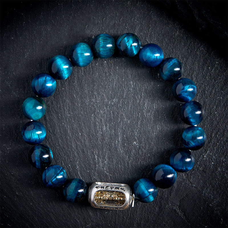 Natural Blue Tiger Eye Om Mani Padme Hum Copper Mantra Bead Bracelet