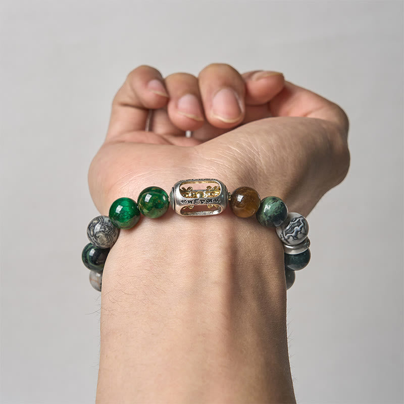 Natural Grey & Kambaba Jasper with Tiger Eye Om Mani Padme Hum Beaded Bracelet