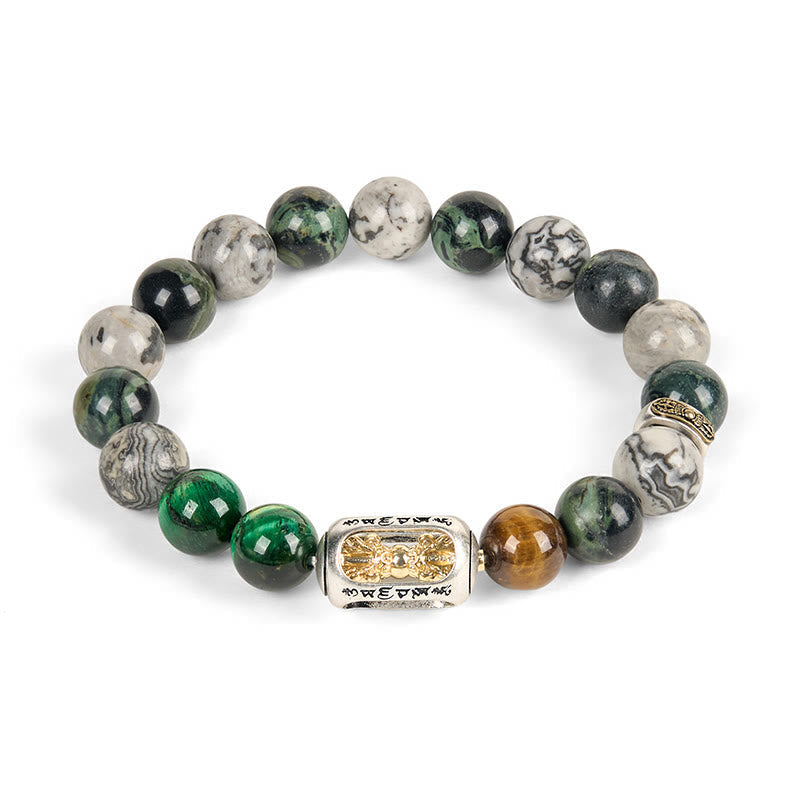 Natural Grey & Kambaba Jasper with Tiger Eye Om Mani Padme Hum Beaded Bracelet