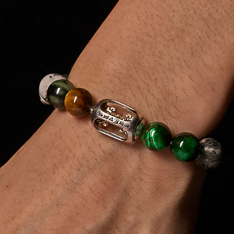 Natural Grey & Kambaba Jasper with Tiger Eye Om Mani Padme Hum Beaded Bracelet
