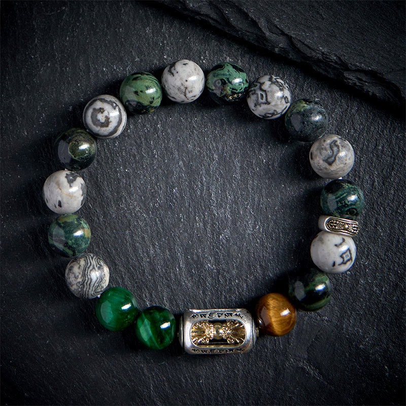Natural Grey & Kambaba Jasper with Tiger Eye Om Mani Padme Hum Beaded Bracelet