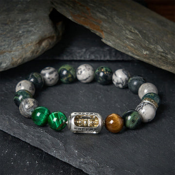 Natural Grey & Kambaba Jasper with Tiger Eye Om Mani Padme Hum Beaded Bracelet
