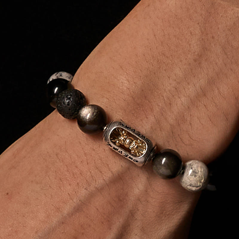 Soothing Silver Sheen Obsidian, Lava Rock, & Grey Jasper Bracelet with Om Mani Padme Hum & Vajra