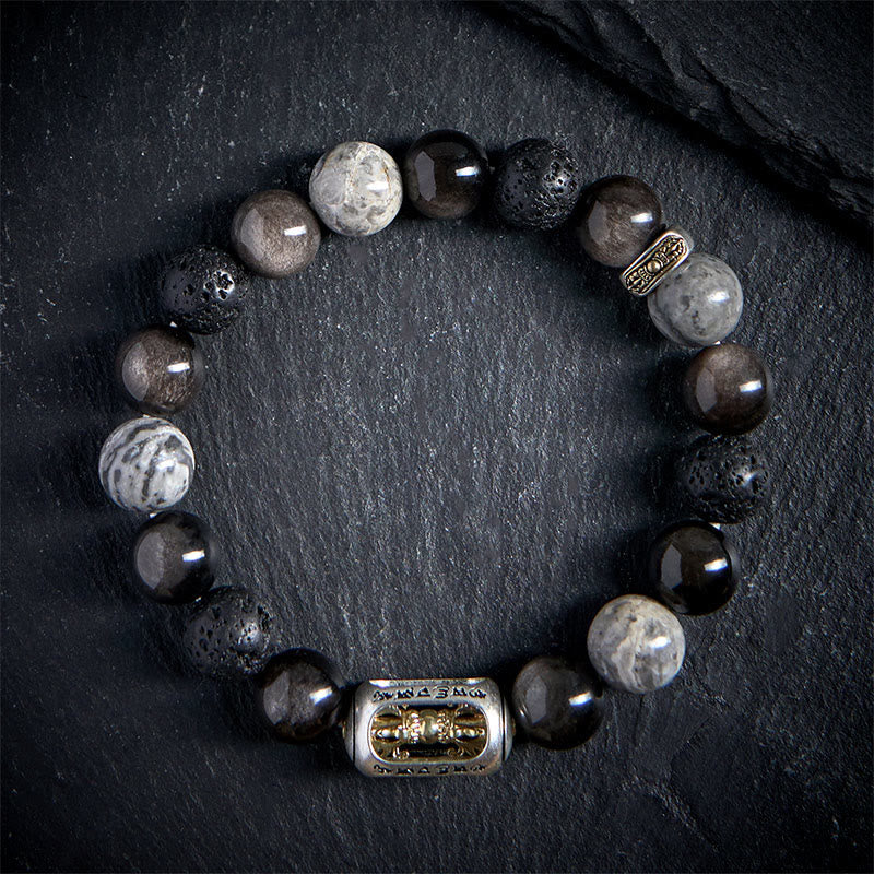 Soothing Silver Sheen Obsidian, Lava Rock, & Grey Jasper Bracelet with Om Mani Padme Hum & Vajra