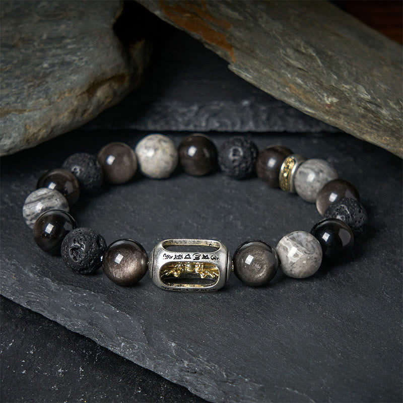 Soothing Silver Sheen Obsidian, Lava Rock, & Grey Jasper Bracelet with Om Mani Padme Hum & Vajra