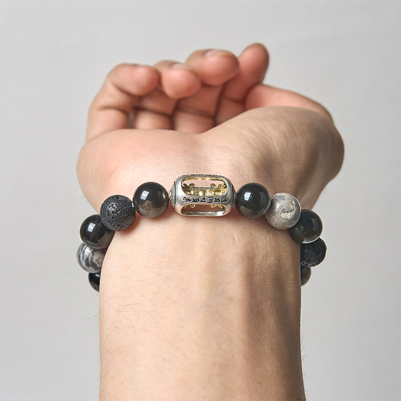 Soothing Silver Sheen Obsidian, Lava Rock, & Grey Jasper Bracelet with Om Mani Padme Hum & Vajra