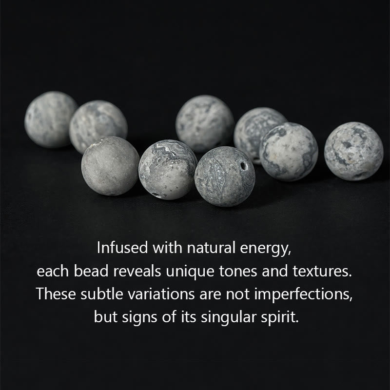 Soothing Silver Sheen Obsidian, Lava Rock, & Grey Jasper Bracelet with Om Mani Padme Hum & Vajra