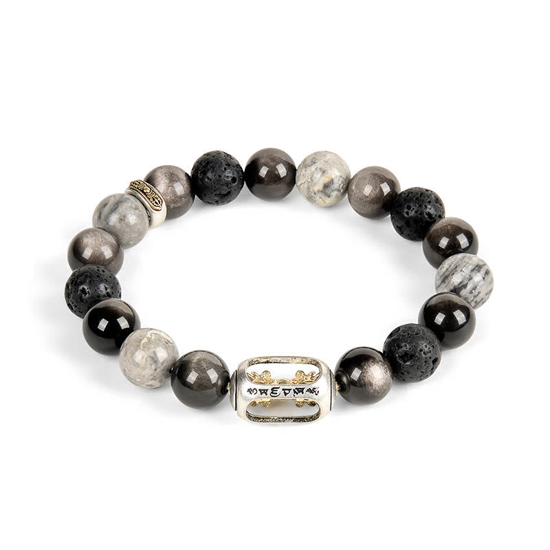 Soothing Silver Sheen Obsidian, Lava Rock, & Grey Jasper Bracelet with Om Mani Padme Hum & Vajra