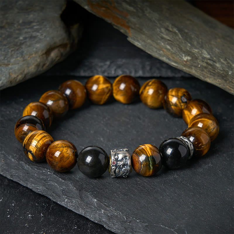 Tiger Eye Silver Sheen Obsidian Meditation Buddha Head Protection Bracelet