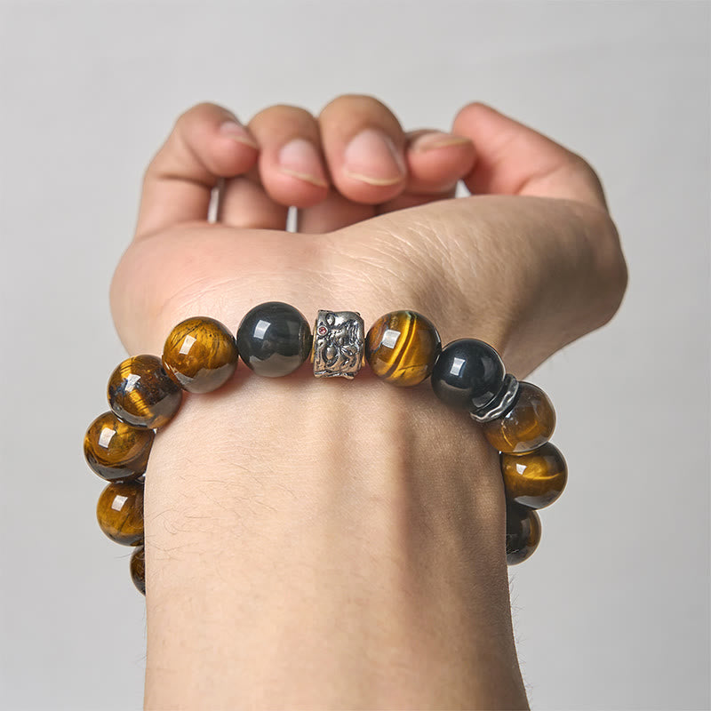 Tiger Eye Silver Sheen Obsidian Meditation Buddha Head Protection Bracelet