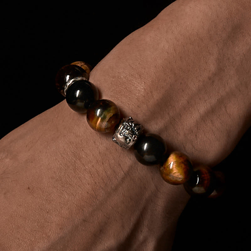 Tiger Eye Silver Sheen Obsidian Meditation Buddha Head Protection Bracelet