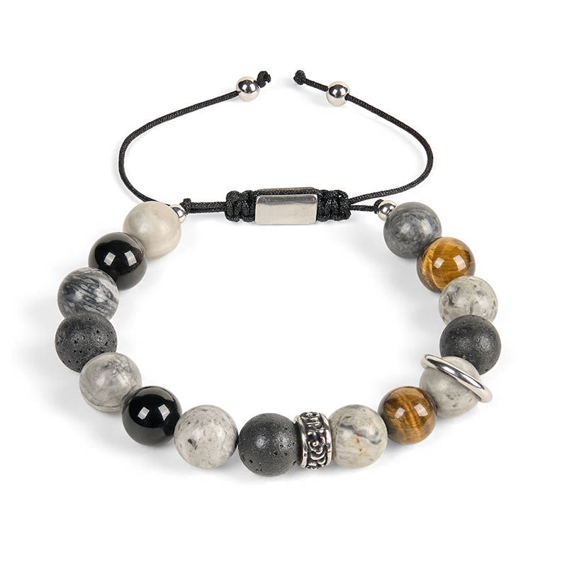 Natural Grey Jasper, Lava Stone, Silver Sheen Obsidian & Tiger Eye Beaded Bracelet