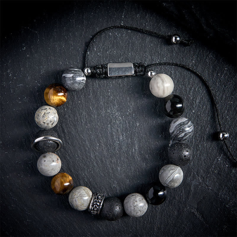 Natural Grey Jasper, Lava Stone, Silver Sheen Obsidian & Tiger Eye Beaded Bracelet