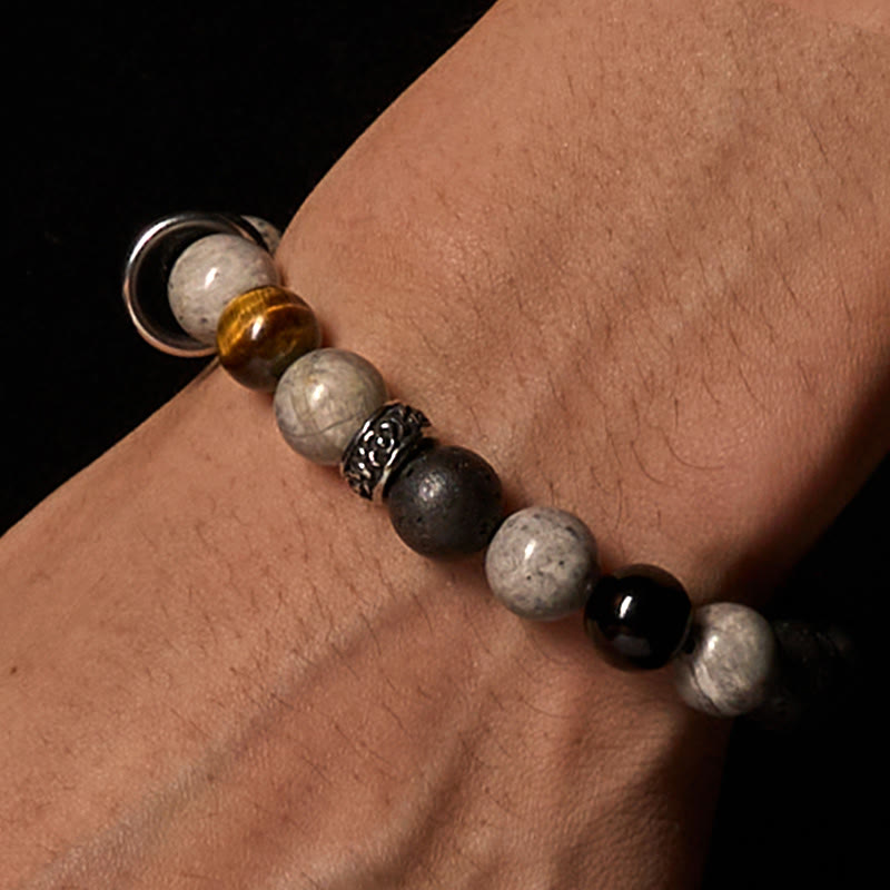 Natural Grey Jasper, Lava Stone, Silver Sheen Obsidian & Tiger Eye Beaded Bracelet