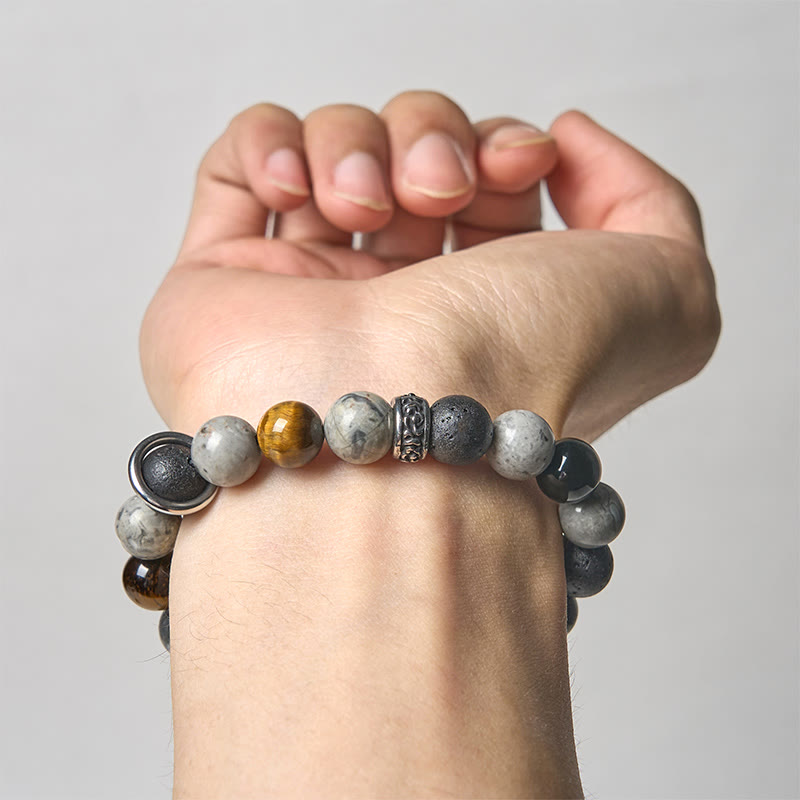 Natural Grey Jasper, Lava Stone, Silver Sheen Obsidian & Tiger Eye Beaded Bracelet