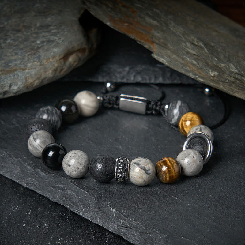 Natural Grey Jasper, Lava Stone, Silver Sheen Obsidian & Tiger Eye Beaded Bracelet