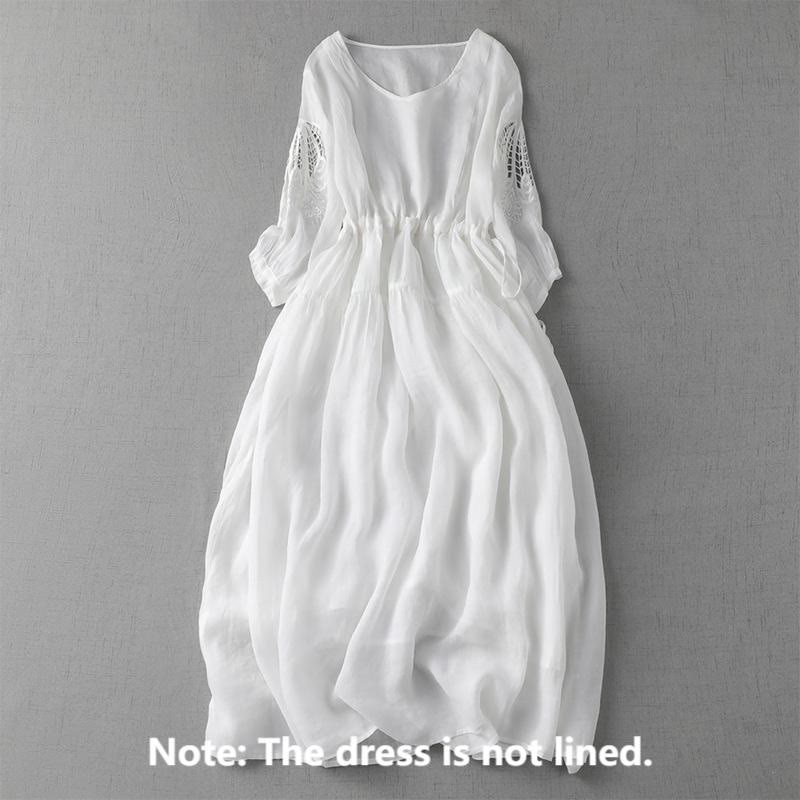 Embroidery Patchwork Long Puff Sleeve Drawstring Midi Dress With Pockets