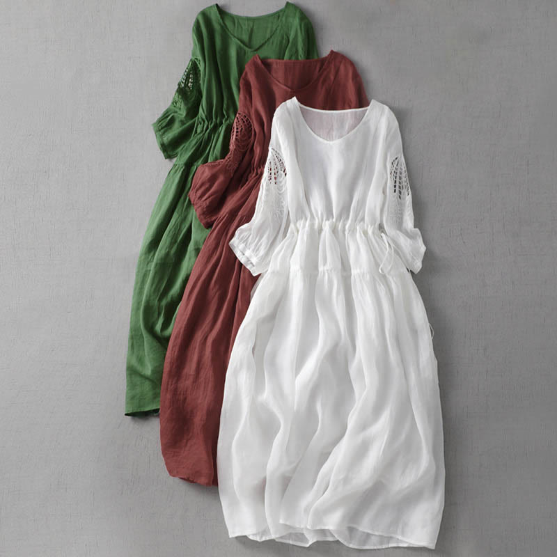 Embroidery Patchwork Long Puff Sleeve Drawstring Midi Dress With Pockets