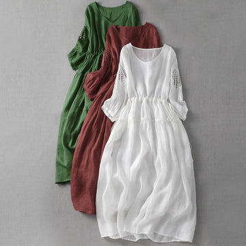 Embroidery Patchwork Long Puff Sleeve Drawstring Midi Dress With Pockets