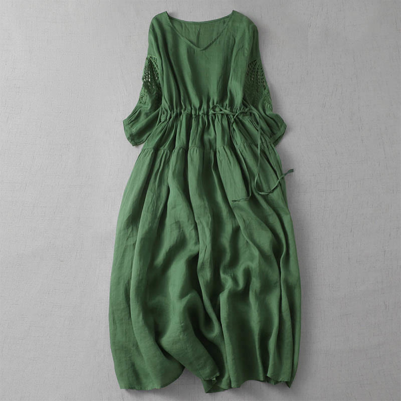 Embroidery Patchwork Long Puff Sleeve Drawstring Midi Dress With Pockets