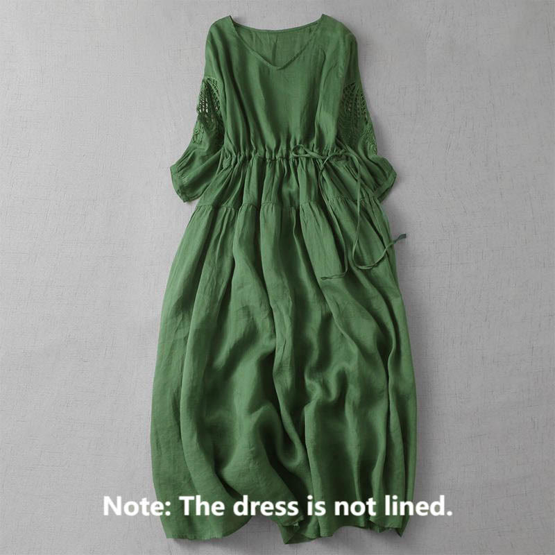 Embroidery Patchwork Long Puff Sleeve Drawstring Midi Dress With Pockets