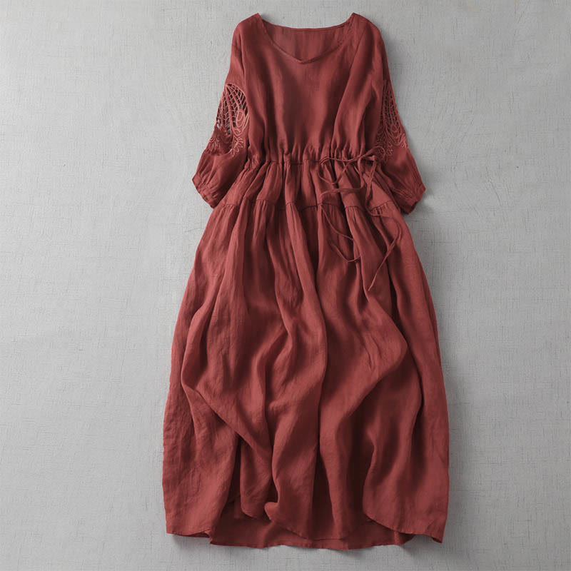 Embroidery Patchwork Long Puff Sleeve Drawstring Midi Dress With Pockets